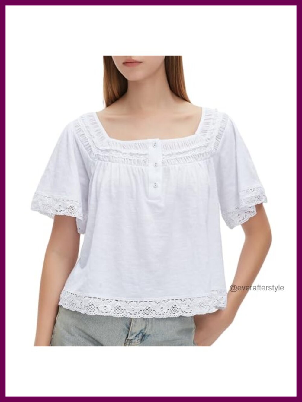 Womens Lace Trim Crop Tee Short Sleeve Button Down Blouse